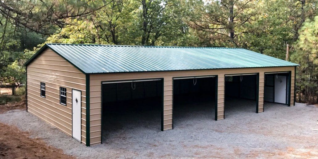 A large steel garage with an apricot paint color