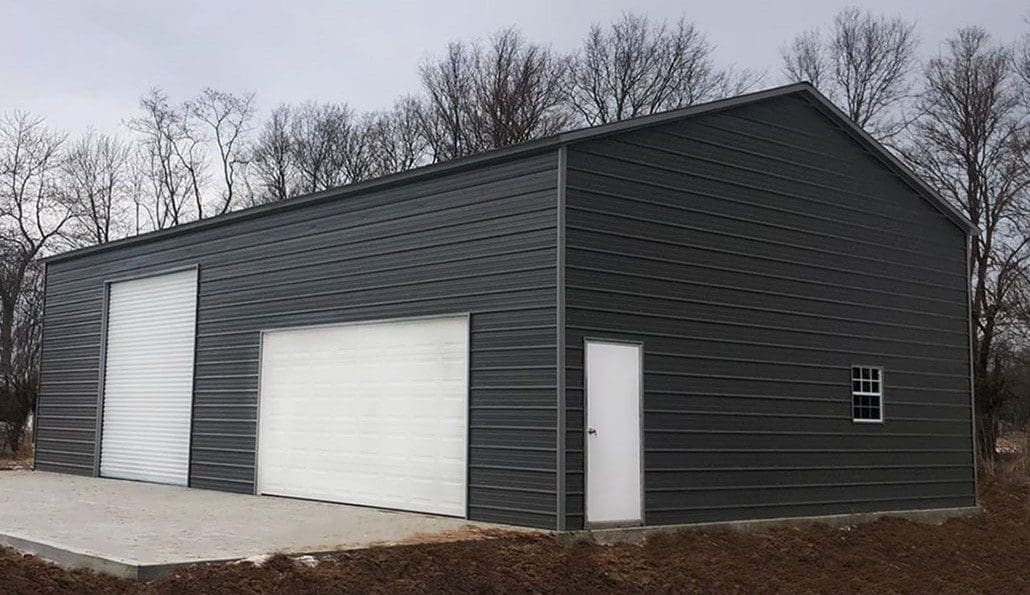 A dark gray steel garage for two types of vehicles