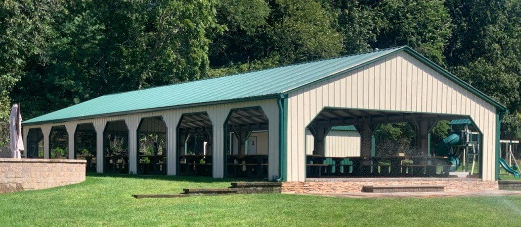 A steel carport used as a pavilion