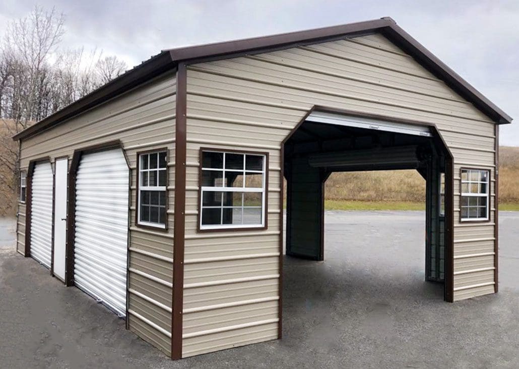 A small steel garage with multiple doors