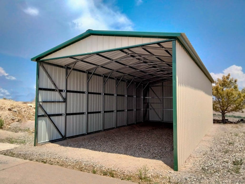 A large carport with green trimmings