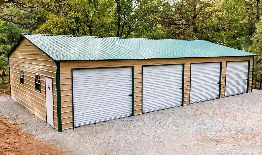 A peach steel colored garage with four doors