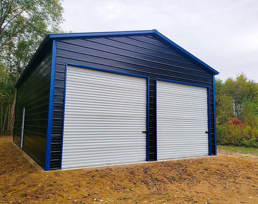 A black and blue steel garage