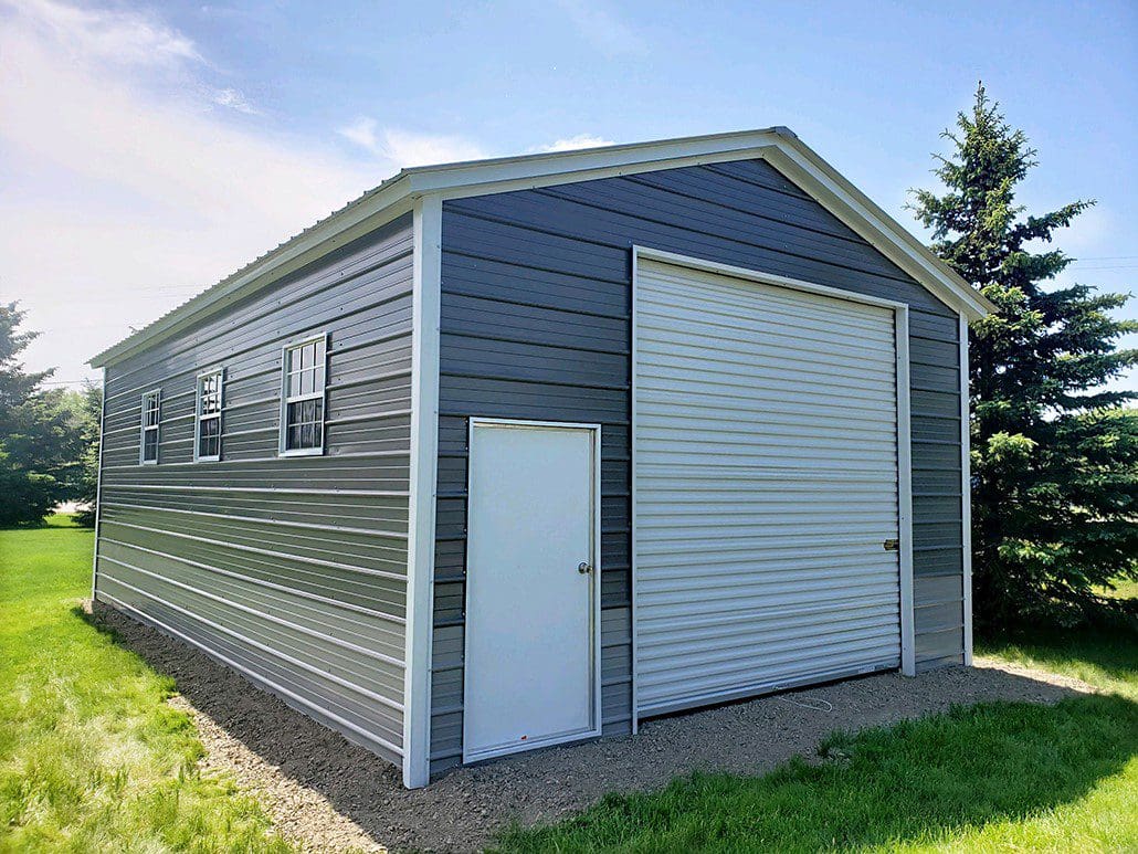 A dark gray steel garage