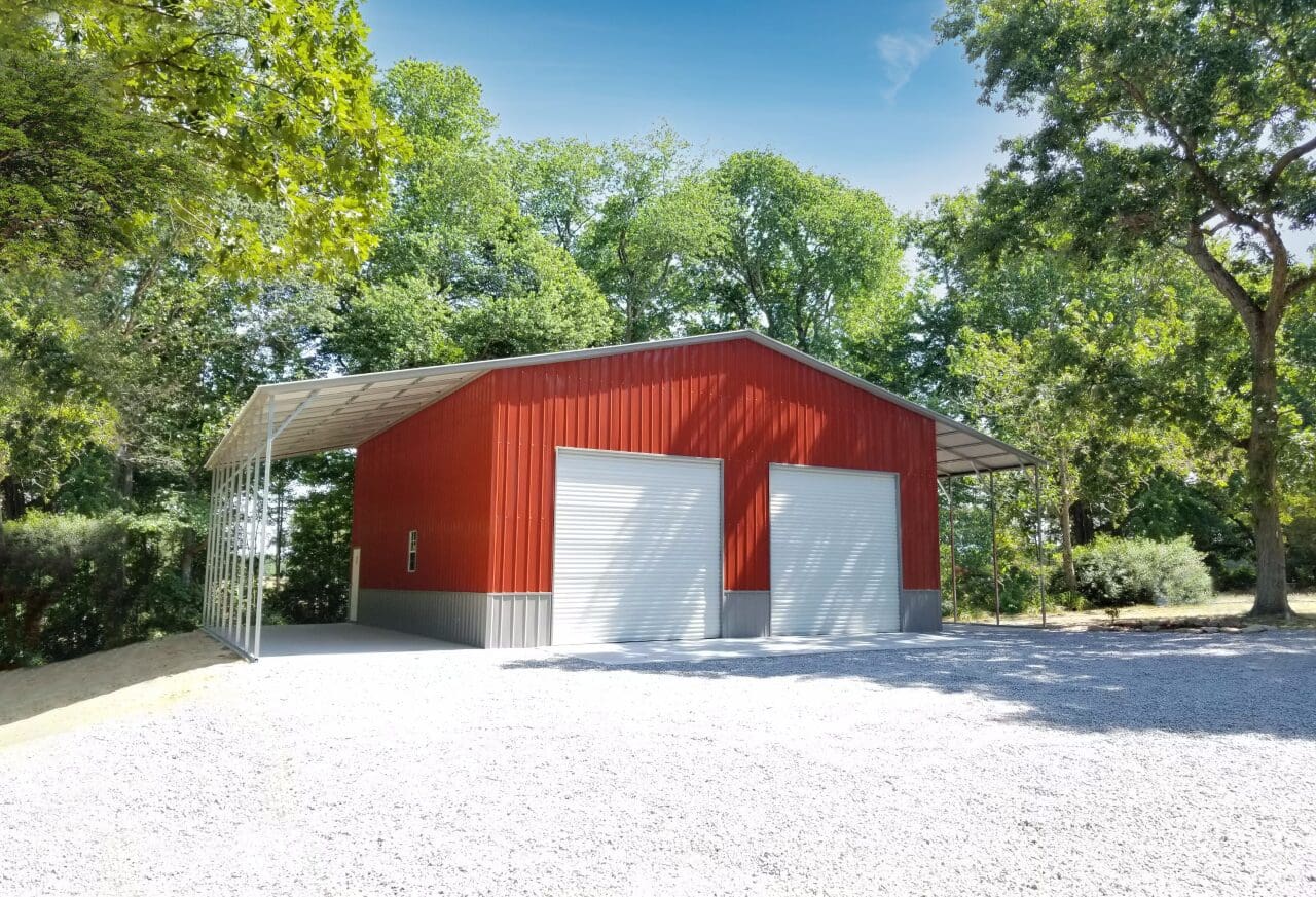 Red steel structure with white doors and roof